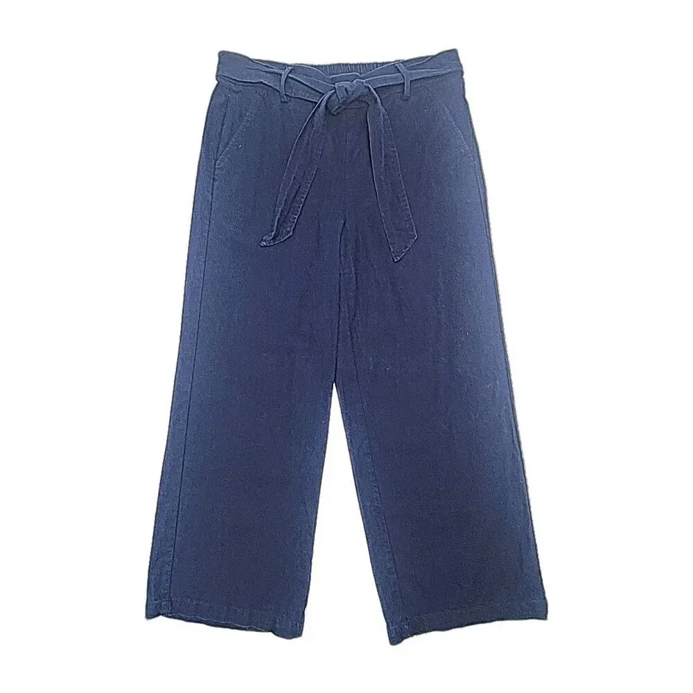 J Crew Pants Linen Blend Blue Wide Leg Elastic Waist Tie Women Size 6 Pull-On